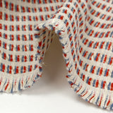 Lurex polycotton jacquard striped blue and red off-white background