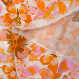 Viscose imprimée jacquard papillons lilas et orange fond blanc