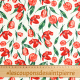 Fondo blanco de algodón de estampado de tulipán rojo