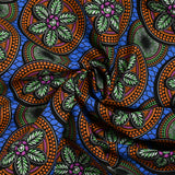 Coton imprimé ethnique Lopik orange fond bleu ciel