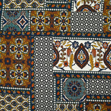 Satin de viscose imprimé patchwork ornement orange, canard et marine
