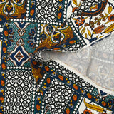 Satin de viscose imprimé patchwork ornement orange, canard et marine