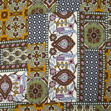 Satin de viscose imprimé patchwork ornement marron, vert pomme et ocre