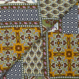 Satin de viscose imprimé patchwork ornement marron, vert pomme et ocre