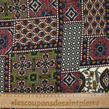 Satin de viscose imprimé patchwork ornement lie de vin, kaki et marine