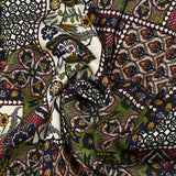 Satin de viscose imprimé patchwork ornement lie de vin, kaki et marine