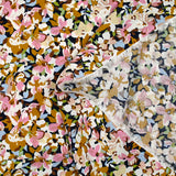 Viscose imprimée les fleurs d'Ornella moutarde, rose et bleu layette
