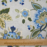 Polycoton imprimé fleurs majestueuses bleu et kaki fond gris