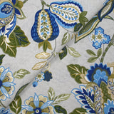 Polycoton imprimé fleurs majestueuses bleu et kaki fond gris