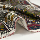 Satin de viscose imprimé patchwork ornement lie de vin, kaki et marine