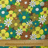 Turquoise, brown and buttery yellow disco flower print cotton