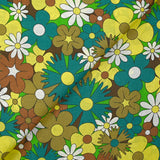 Turquoise, brown and buttery yellow disco flower print cotton