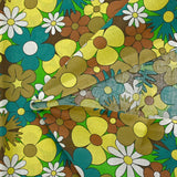 Turquoise, brown and buttery yellow disco flower print cotton