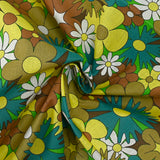 Turquoise, brown and buttery yellow disco flower print cotton
