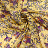 Mousseline imprimée bande satin violet fond ocre