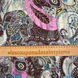 Mousseline imprimée bande satin cachemire fond gris