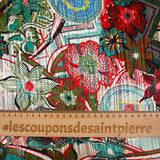 Mousseline imprimée bande satin rosée florale vert d'eau et rouge