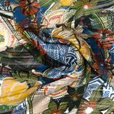 Muselina estampada banda raso rosa floral amarillo y caqui