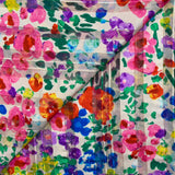 Mousseline imprimée bande satin Flora rose, violet et vert fond blanc