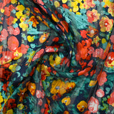 Printed muslin satin band Flora coral, yellow and sea green navy background