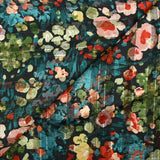 Printed muslin satin stripe Flora duck, khaki and rust black background