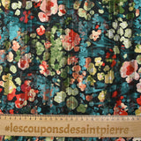 Printed muslin satin stripe Flora duck, khaki and rust black background