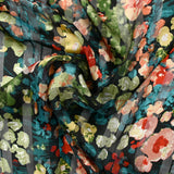 Printed muslin satin stripe Flora duck, khaki and rust black background