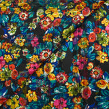 Mousseline imprimée bande satin fleurs en gouache fond noir