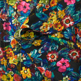 Mousseline imprimée bande satin fleurs en gouache fond noir