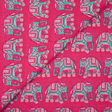 Coton indien imprimé éléphant turquoise fond rose