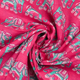 Coton indien imprimé éléphant turquoise fond rose