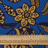 Viscose imprimée feuillage marine et curry fond bleu