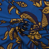 Viscose imprimée feuillage marine et curry fond bleu