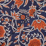 Coton indien imprimé entrelacs de fleurs brique bleu marine