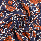 Coton indien imprimé entrelacs de fleurs brique bleu marine