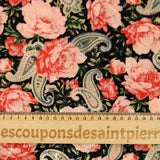 Velours de polyester Lurex imprimée rose et cachemire fond noir