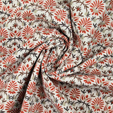 Coton indien imprimé fleurs brique et taupe fond blanc