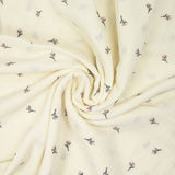 Double gaze brodée bouquet rose fond blanc cassé