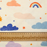 Popeline de coton imprimée nuage et soleil fond écru