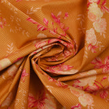 Popeline de coton imprimée rosier rose fond rayé orange