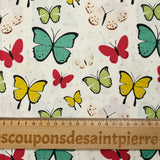 Popeline de coton imprimée papillon pois beige fond blanc