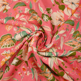 Viscose imprimée fleurs bucolique vert et orange fond rose