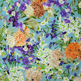 Popeline de coton imprimée champêtre orange fond bleu