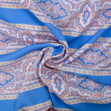 Voile de viscose imprimé bande fleurie et rayure bleu azur