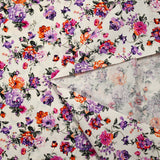 Popeline de coton imprimée rosier violet et orange fond blanc