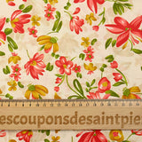 Popeline de coton imprimée fleurs ocre et rouge fond beige