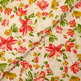 Popeline de coton imprimée fleurs ocre et rouge fond beige