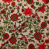 Popeline de coton imprimée fleurs folklorique rouge et vert fond écru