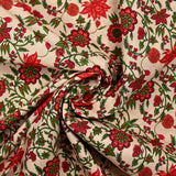 Popeline de coton imprimée fleurs folklorique rouge et vert fond écru
