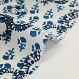 Indian cotton printed with navy blue and petrol prints on a white background